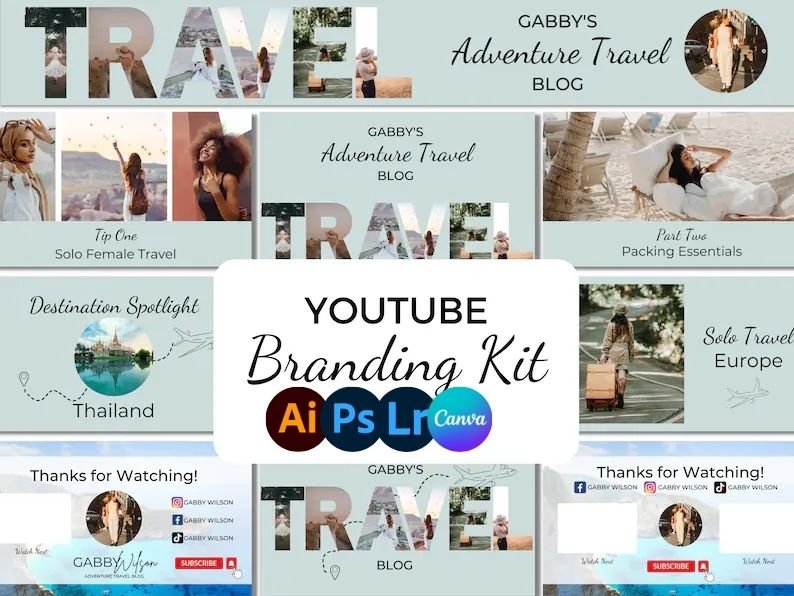 YouTube Branding Kit for Travel Vloggers, YouTube Banner Template Canva, YouTube Thumbnail Template, YouTube Channel Kit, Youtube Template